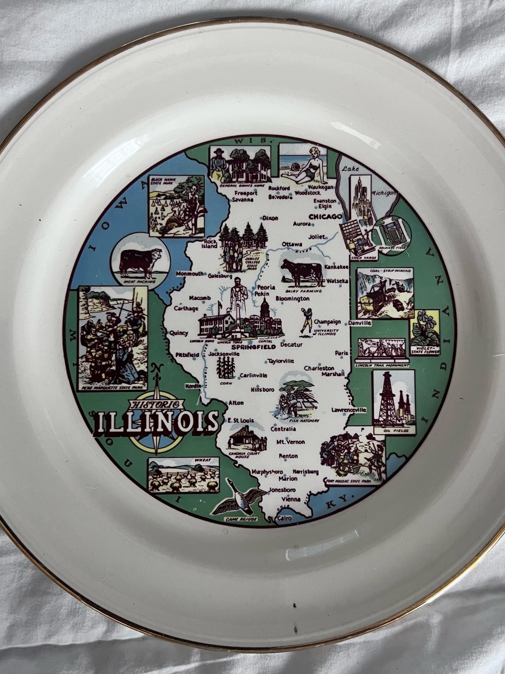 Vintage souvenir Illinois Decorative Plate - Green & Blue with Gold Rim